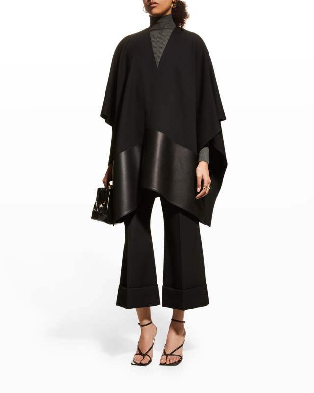 Leather-Trim Punto Milano Wrap Poncho